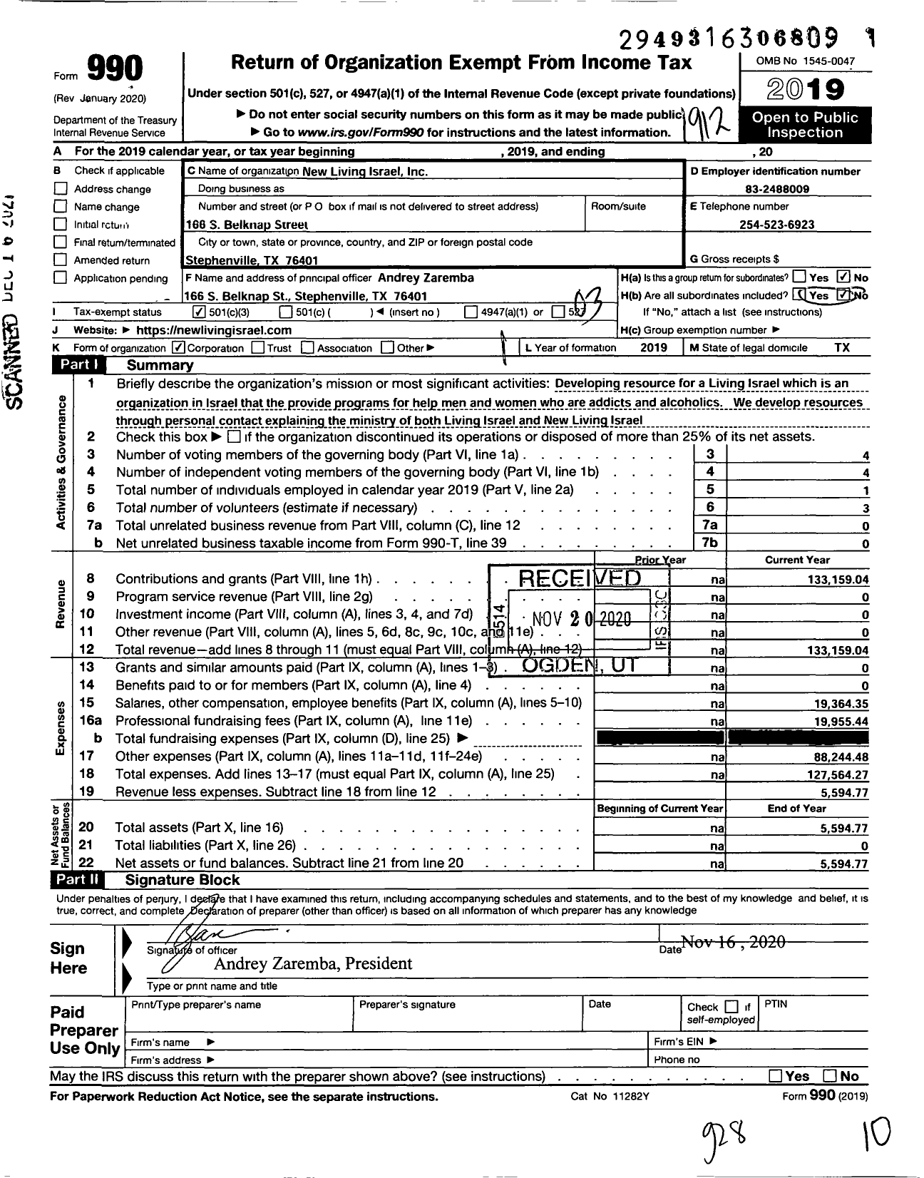 Image of first page of 2019 Form 990 for New Living Israel