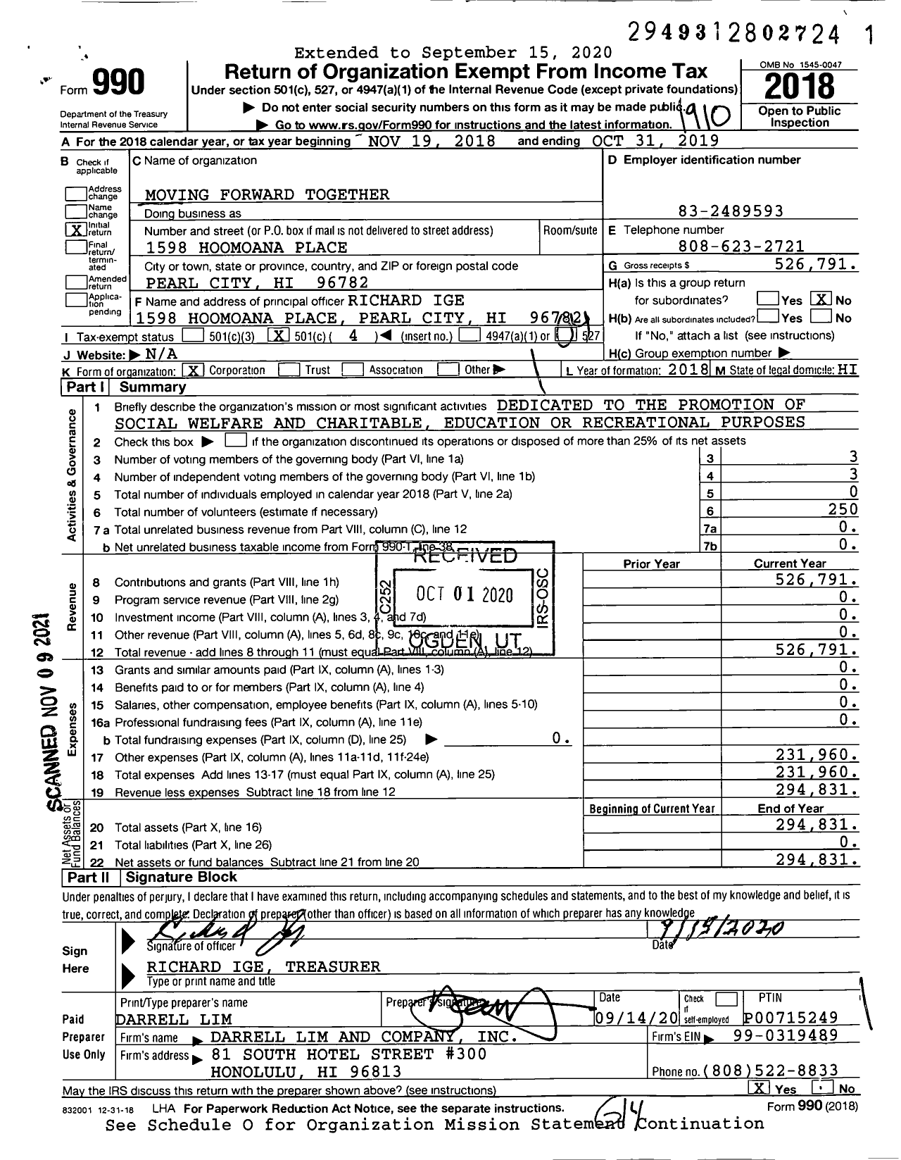 Image of first page of 2018 Form 990O for Moving Forward Together