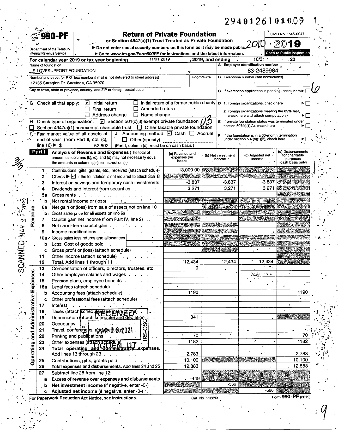 Image of first page of 2019 Form 990PF for LS Lovesupport Foundation