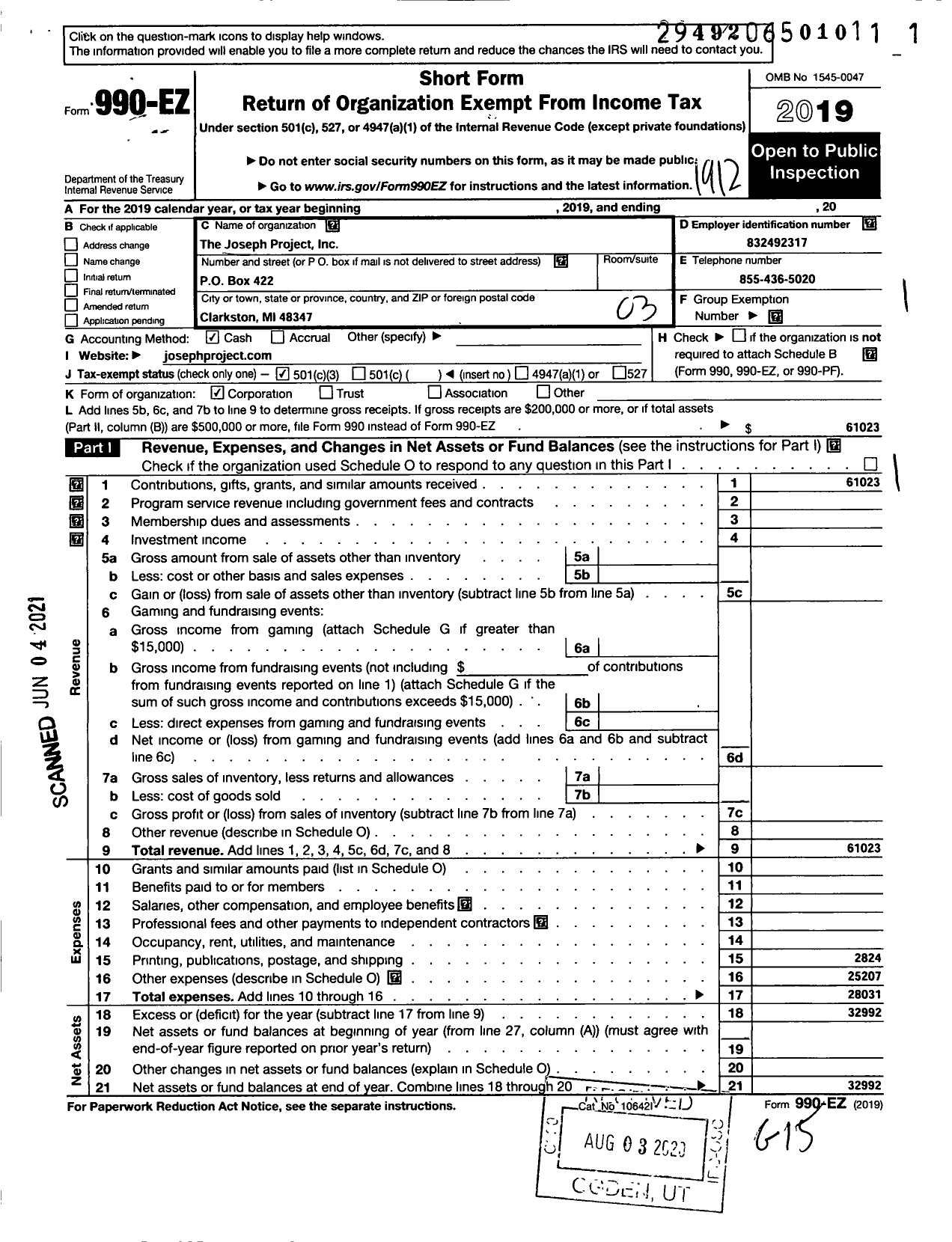 Image of first page of 2019 Form 990EZ for The Joseph Project