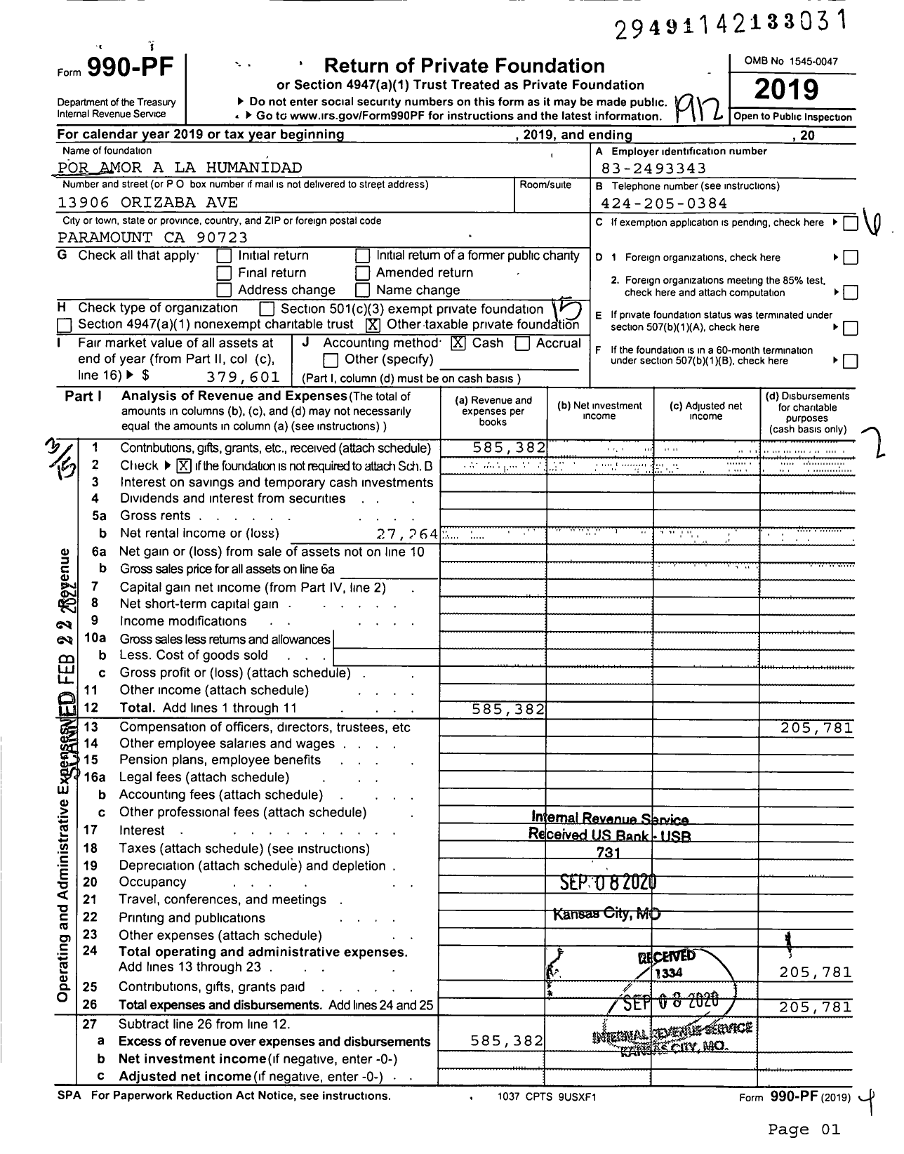 Image of first page of 2019 Form 990PF for Por Amor A la Humanidad