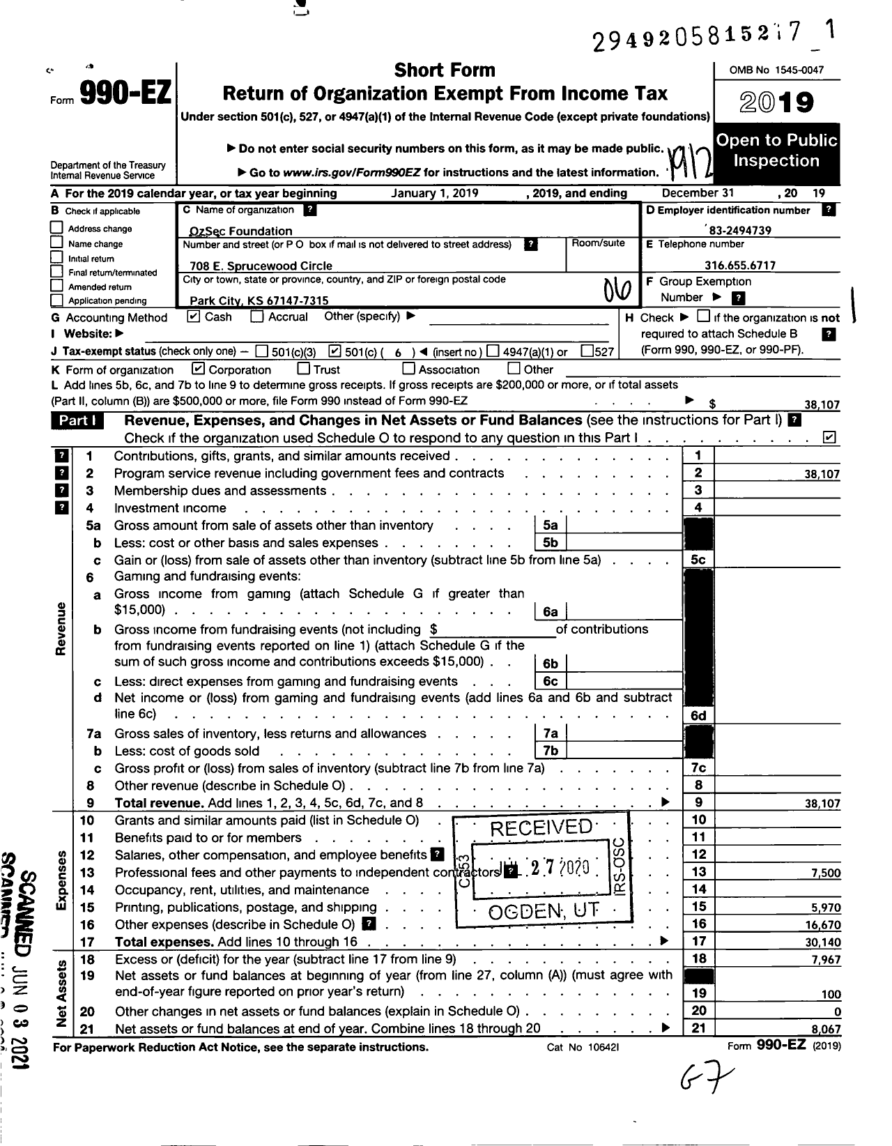 Image of first page of 2019 Form 990EO for OzSec