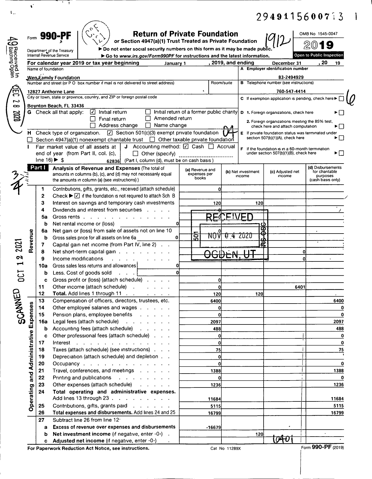 Image of first page of 2019 Form 990PF for Wen Family Foundation