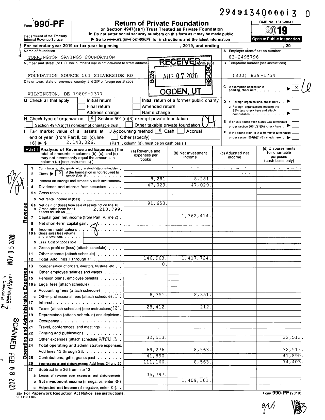 Image of first page of 2019 Form 990PF for Torrington Savings Foundation