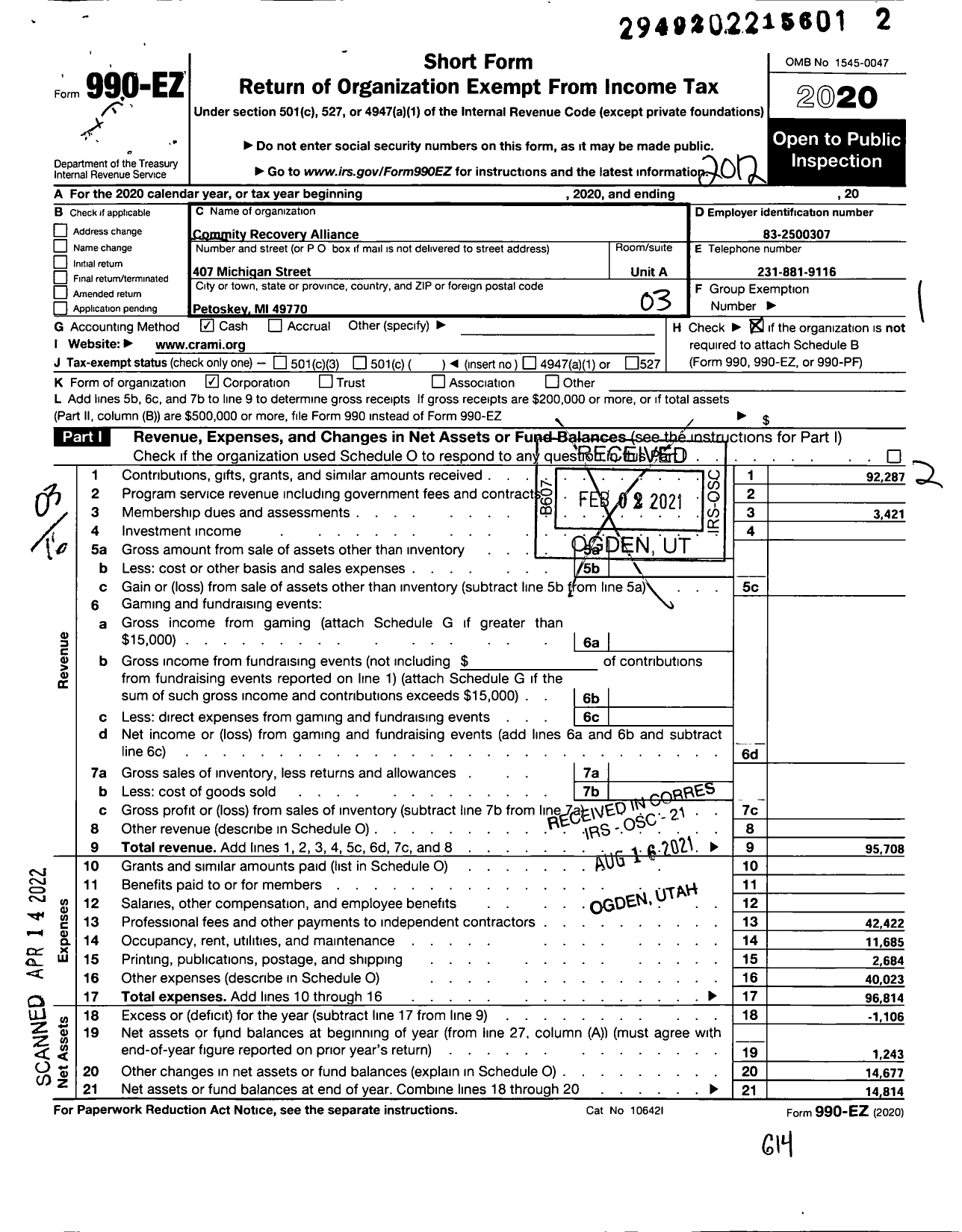 Image of first page of 2020 Form 990EZ for Community Recovery Alliance (CRA)