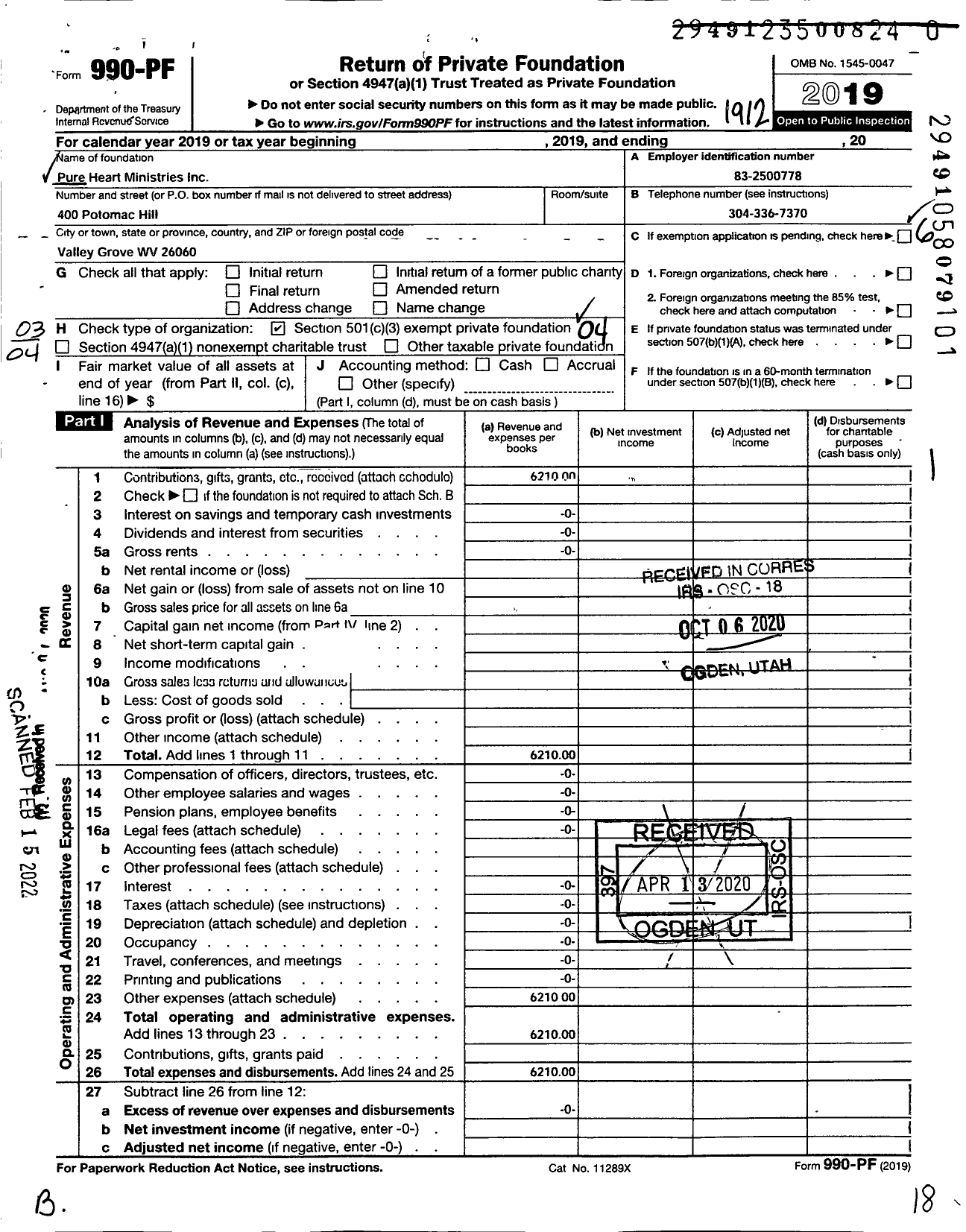 Image of first page of 2019 Form 990PF for Pure Heart Ministries