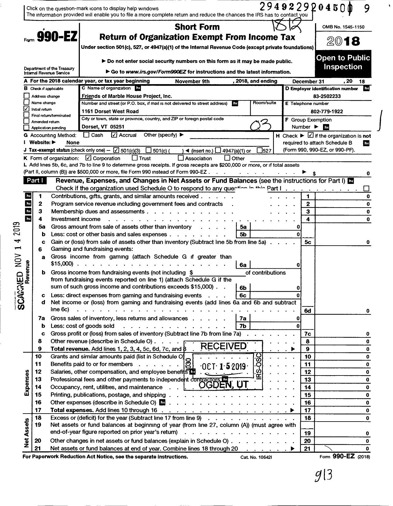 Image of first page of 2018 Form 990EZ for Friends of Marble House Project