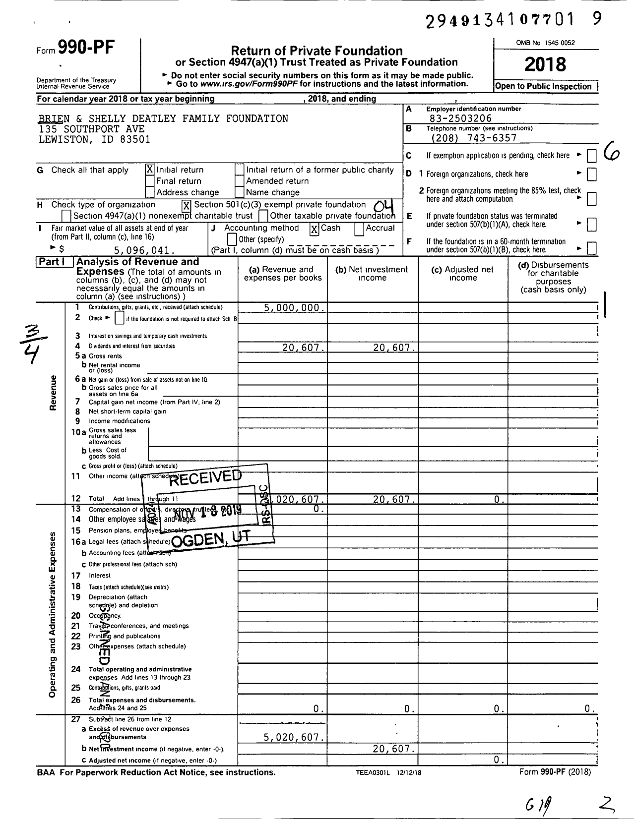 Image of first page of 2018 Form 990PF for Brien and Shelly Deatley Family Foundation