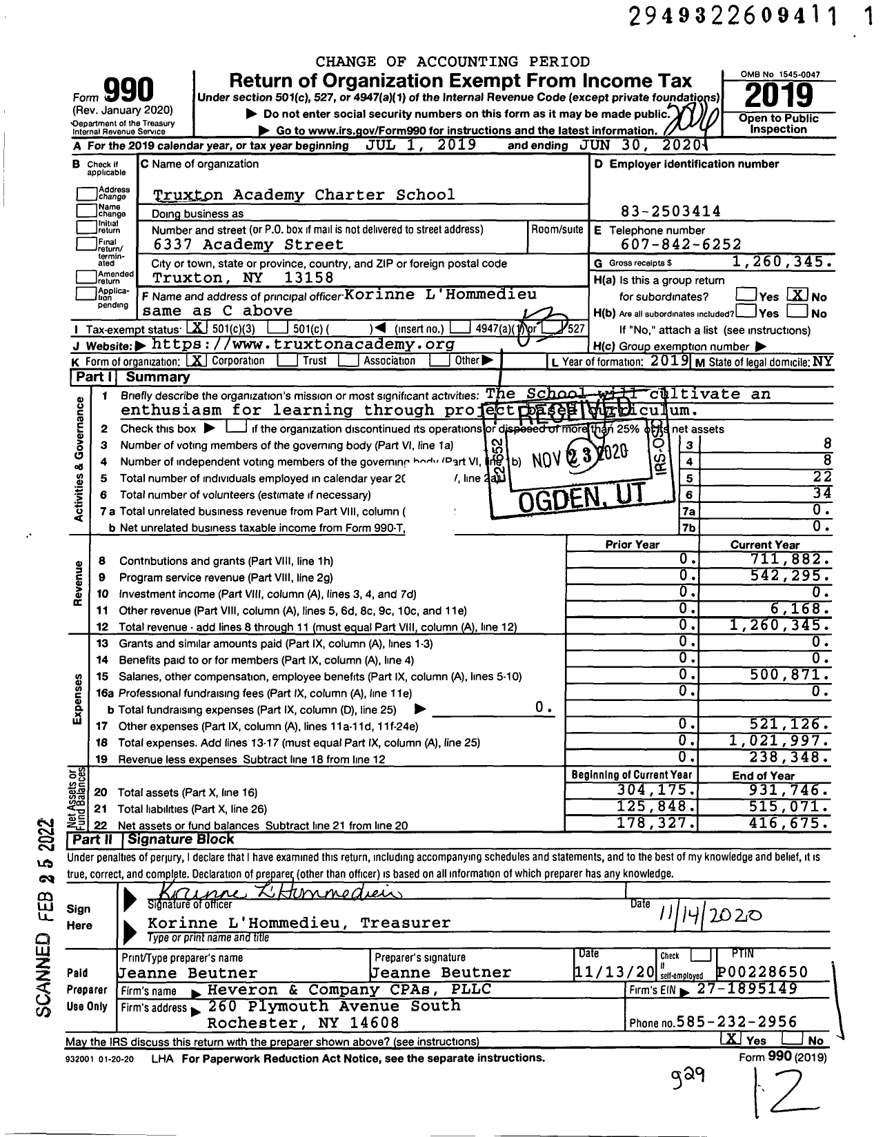 Image of first page of 2019 Form 990 for Truxton Academy Charter School