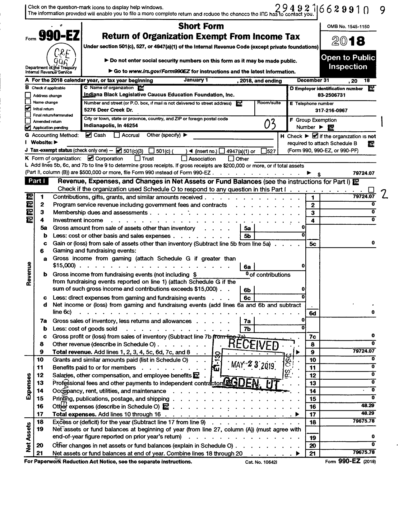 Image of first page of 2018 Form 990EZ for Indiana Black Legislative Caucus