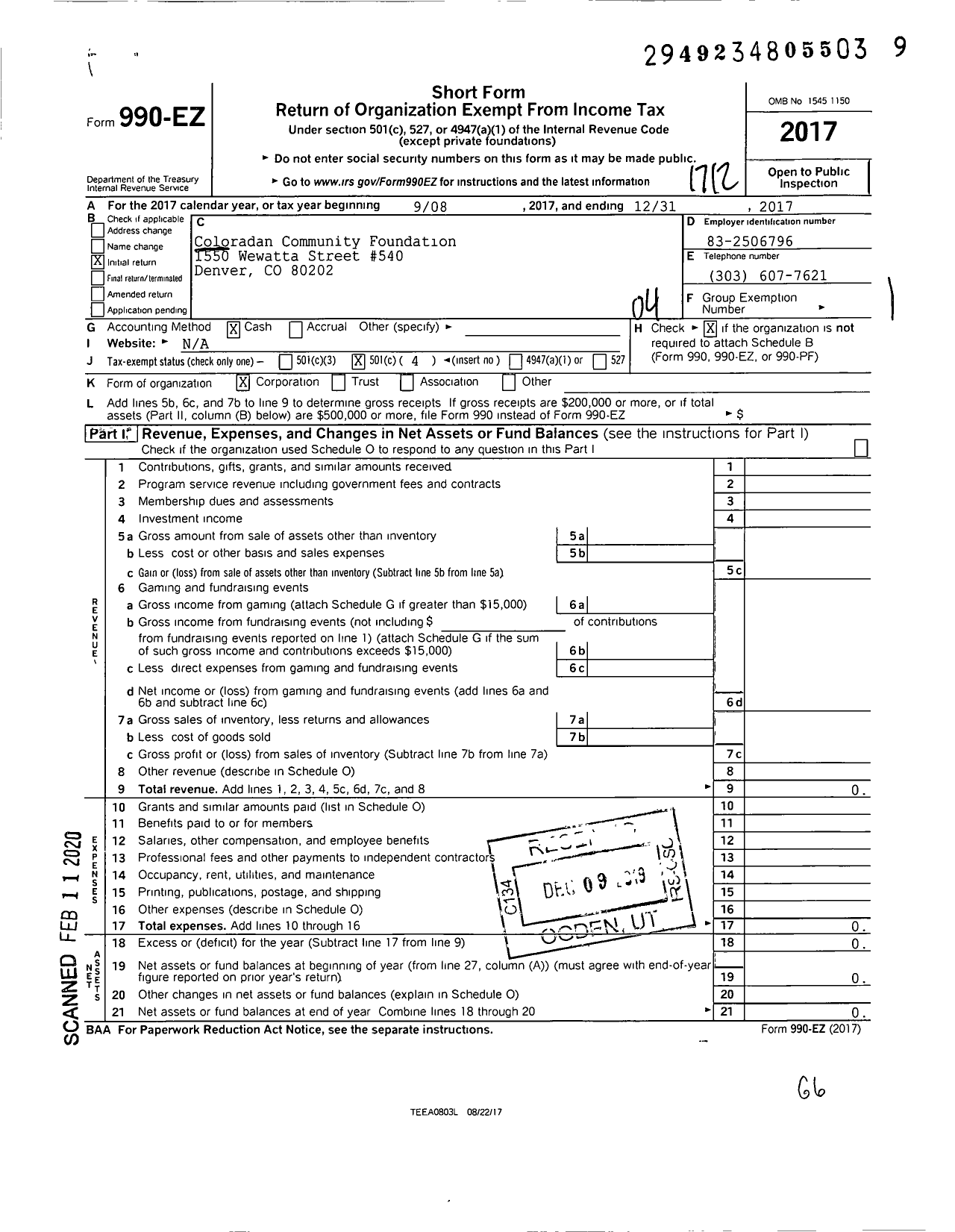 Image of first page of 2017 Form 990EO for Coloradan Community Foundation