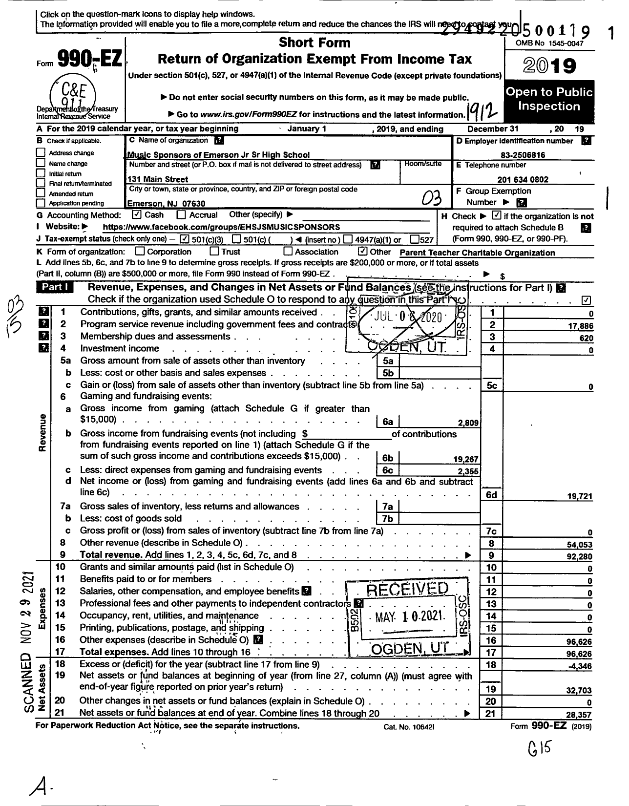 Image of first page of 2019 Form 990EZ for Music Sponsors of Emerson JR SR High School