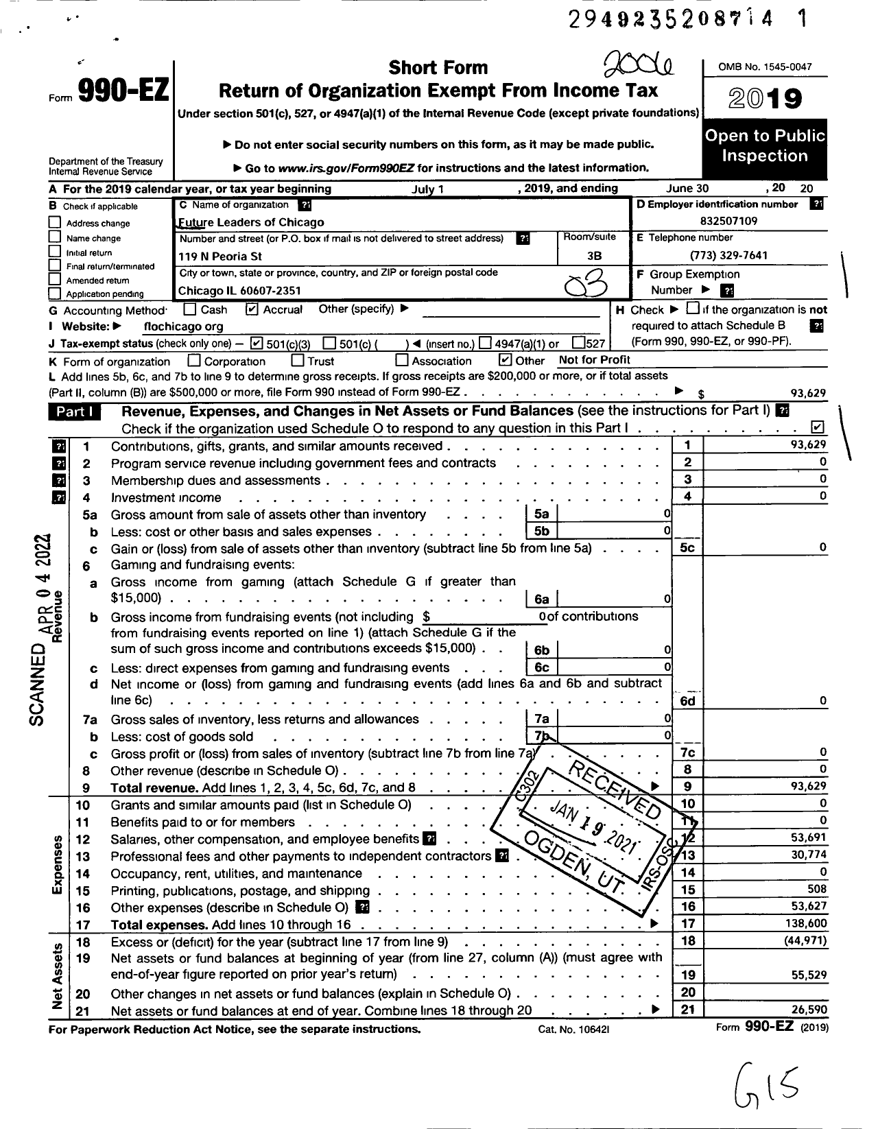 Image of first page of 2019 Form 990EZ for Future Leaders of Chicago / Flochicago