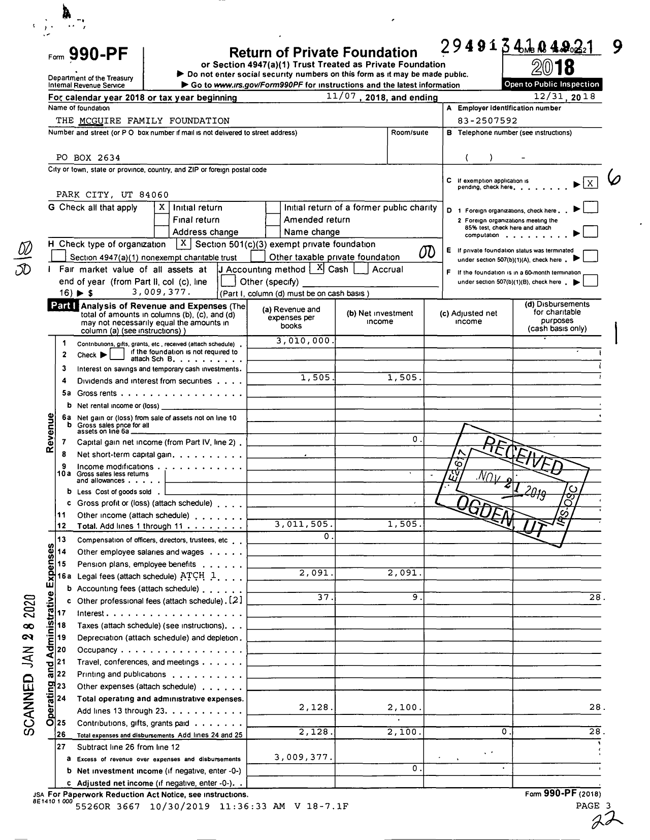 Image of first page of 2018 Form 990PF for The McGuire Family Foundation