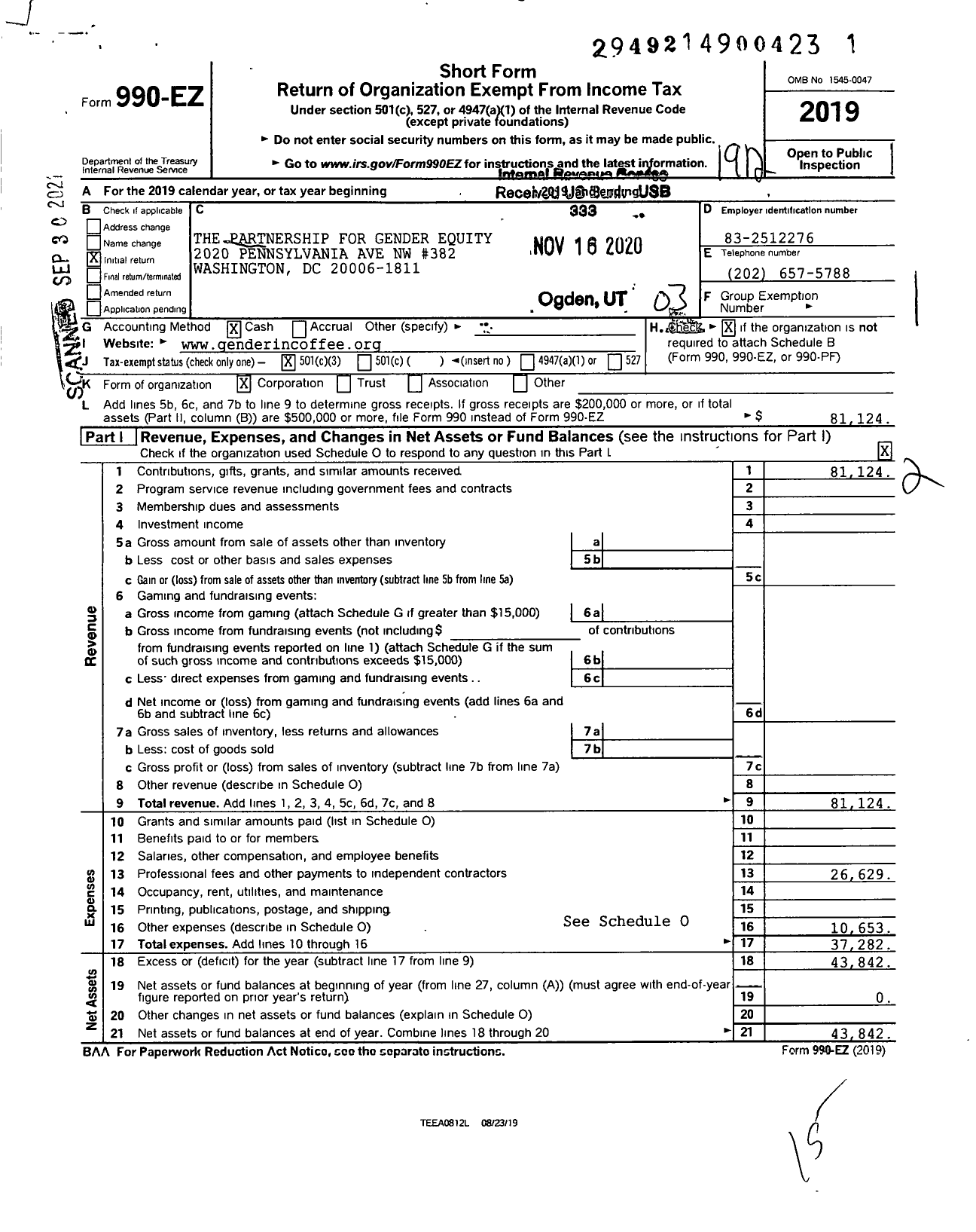 Image of first page of 2019 Form 990EZ for Partnership for Gender Equality Equal Origins