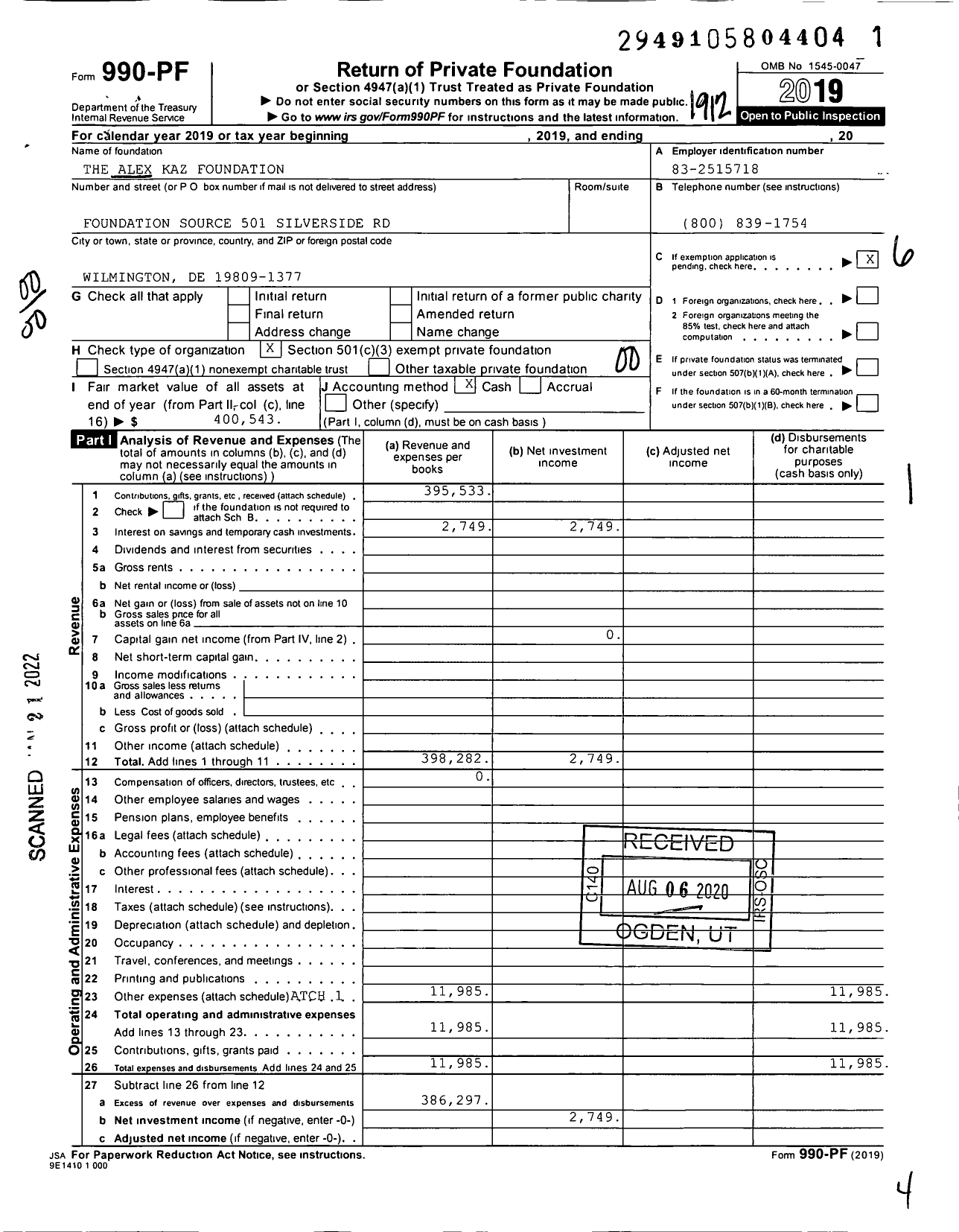 Image of first page of 2019 Form 990PF for The Alex Kaz Foundation