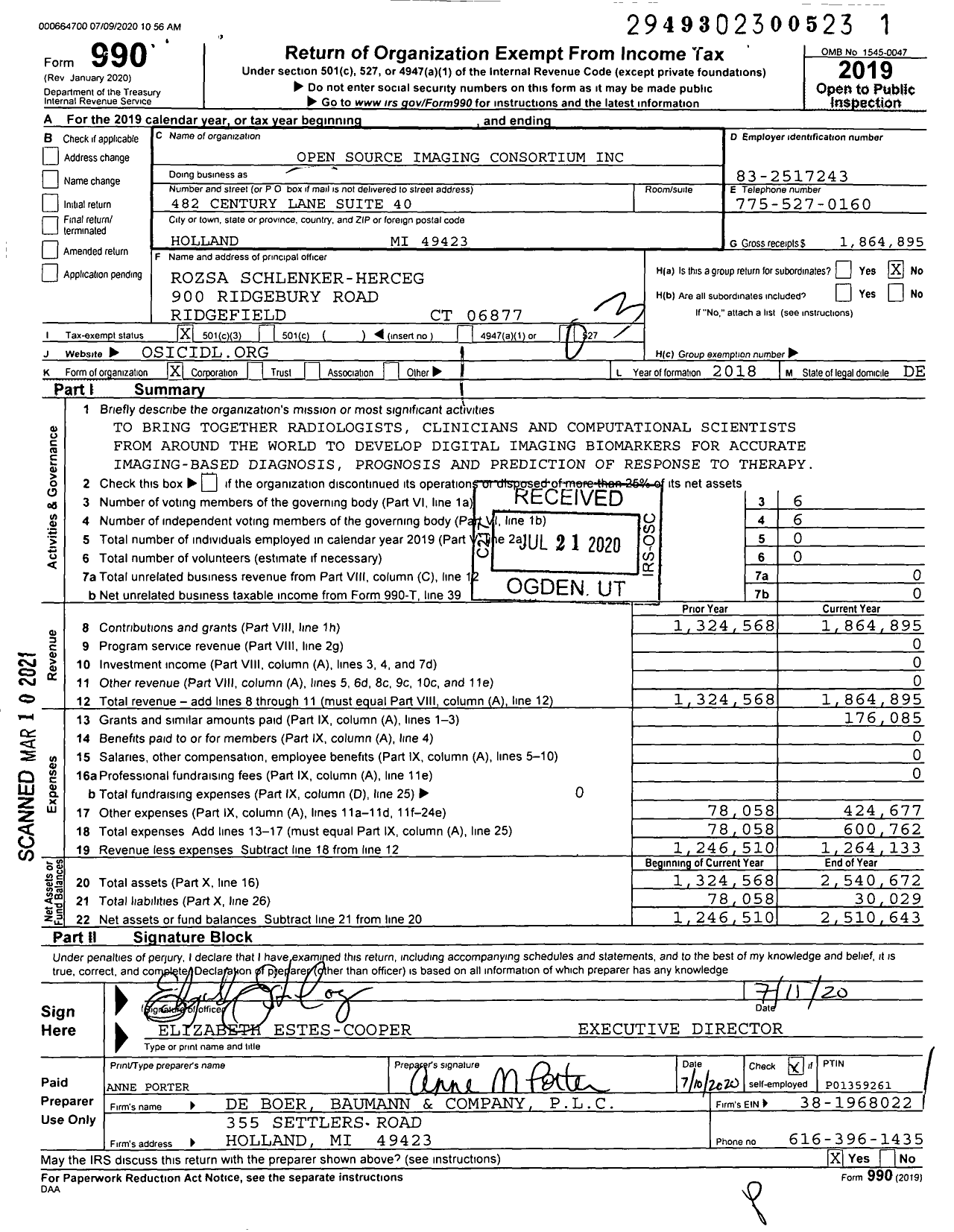 Image of first page of 2019 Form 990 for Open Source Imaging Consortium