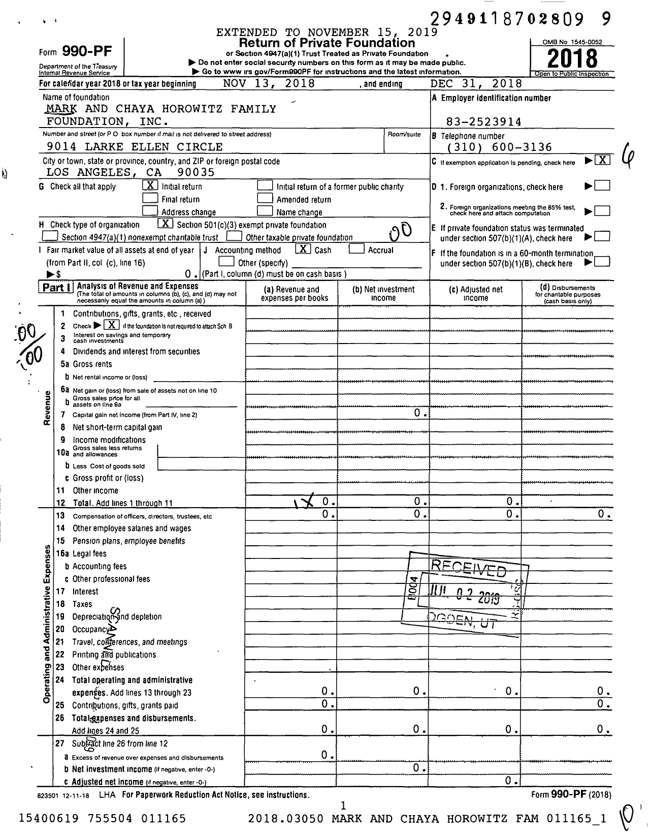 Image of first page of 2018 Form 990PF for Mark and Chaya Horowitz Family Foundation