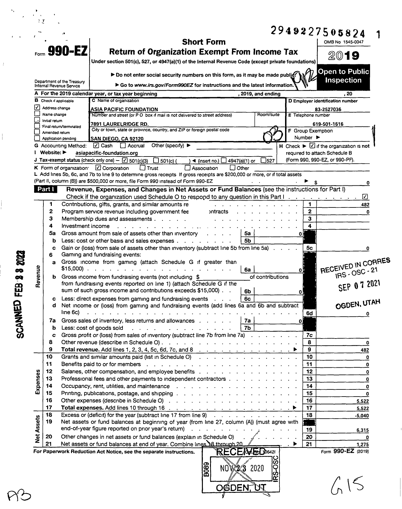 Image of first page of 2019 Form 990EZ for Asia Pacific Foundation