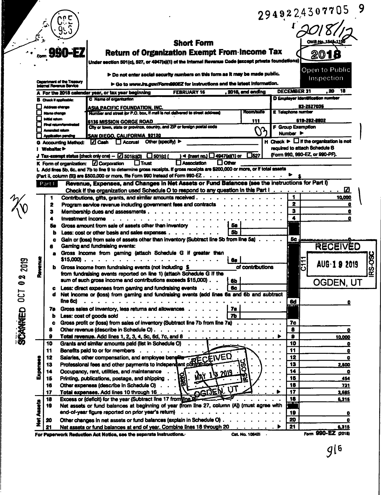 Image of first page of 2018 Form 990EZ for Asia Pacific Foundation