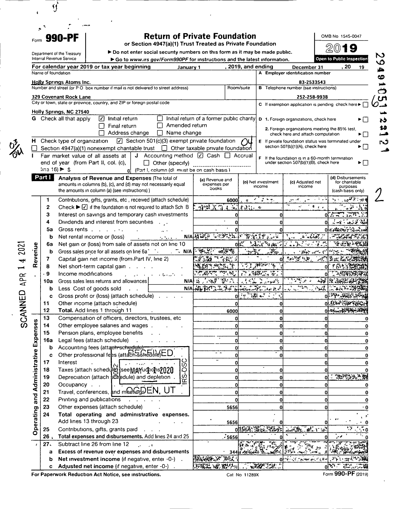 Image of first page of 2019 Form 990PF for Holly Springs Atoms