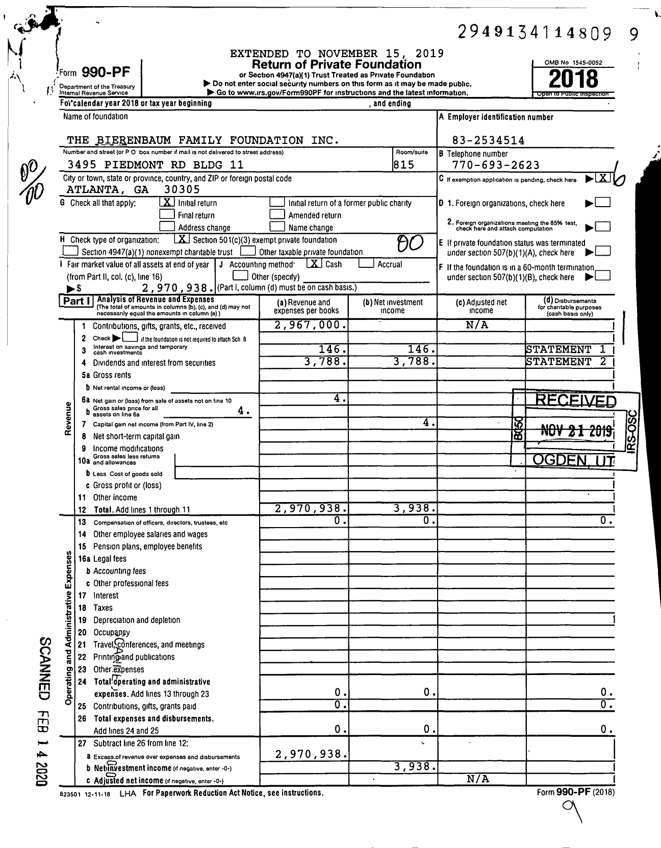 Image of first page of 2018 Form 990PF for The Bierenbaum Family Foundation