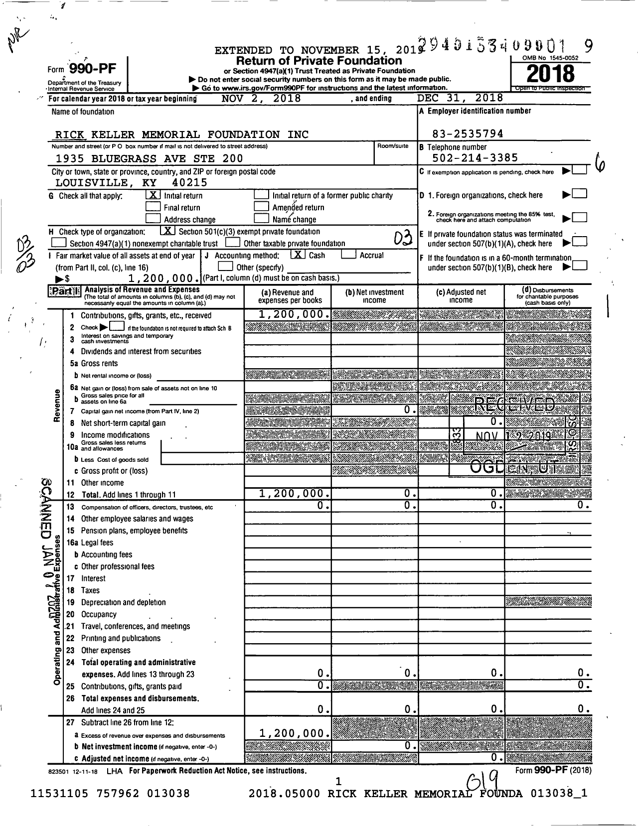 Image of first page of 2018 Form 990PF for Rick Keller Memorial Foundation