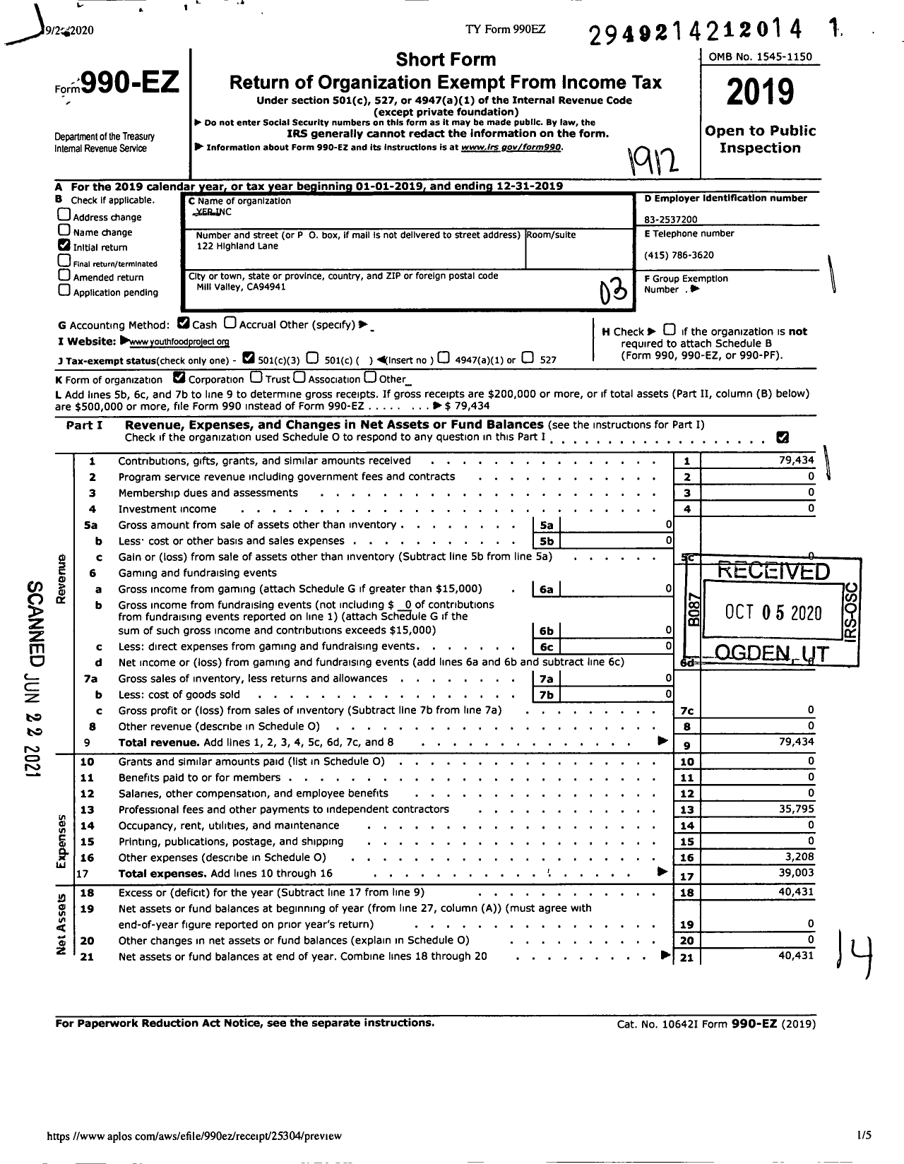 Image of first page of 2019 Form 990EZ for Yfp