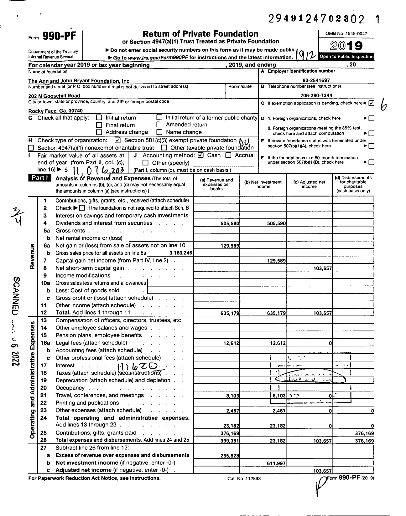 Image of first page of 2019 Form 990PF for The Ann and John Bryant Foundation