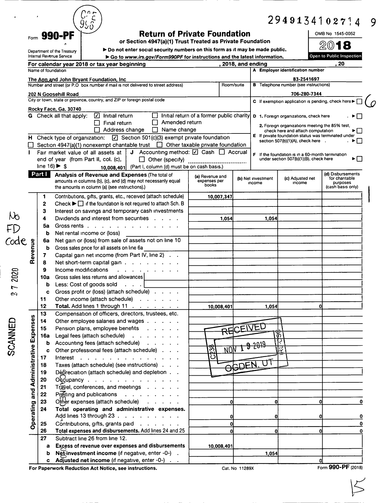 Image of first page of 2018 Form 990PF for The Ann and John Bryant Foundation