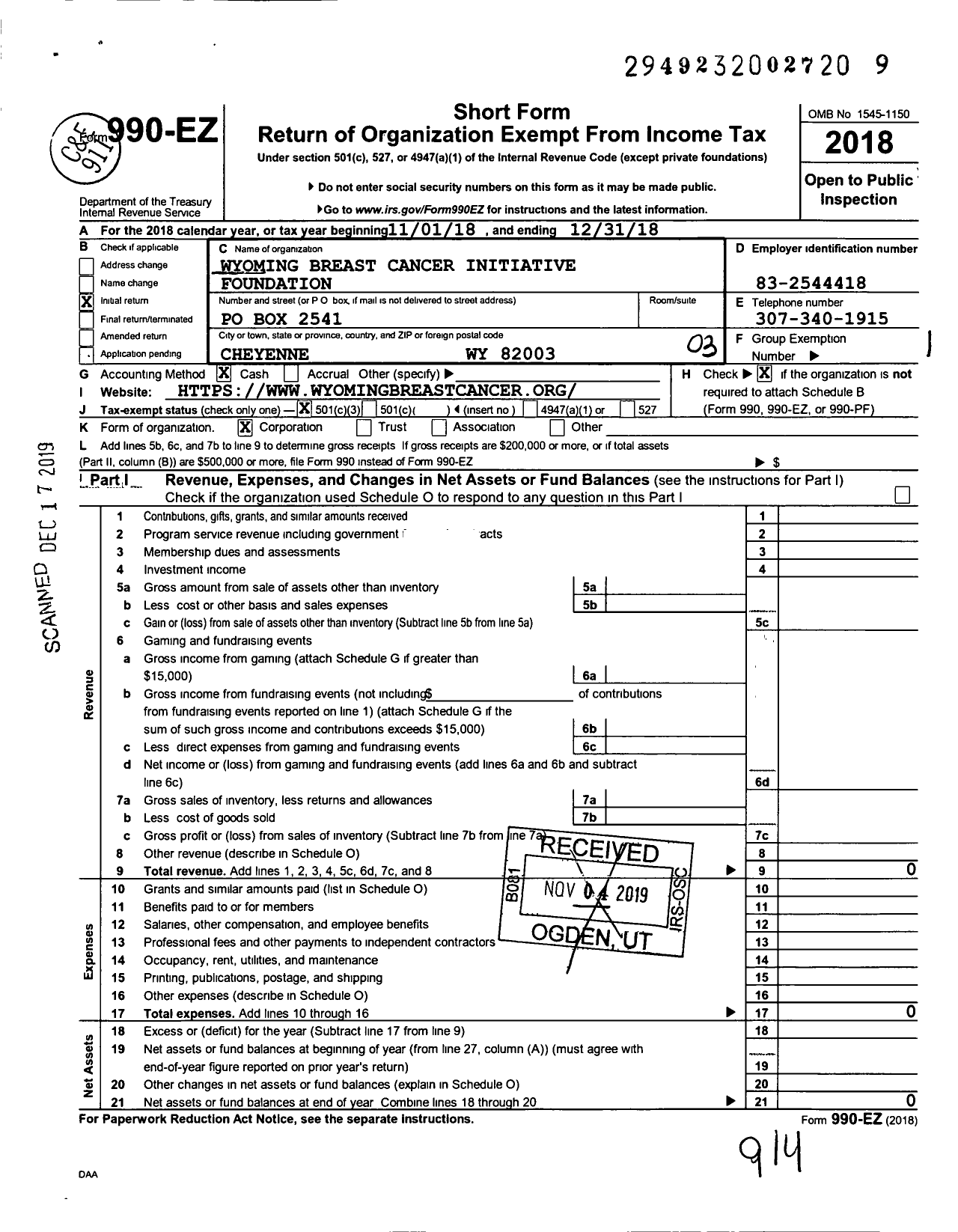 Image of first page of 2018 Form 990EZ for Wyoming Breast Cancer Initiative Foundation