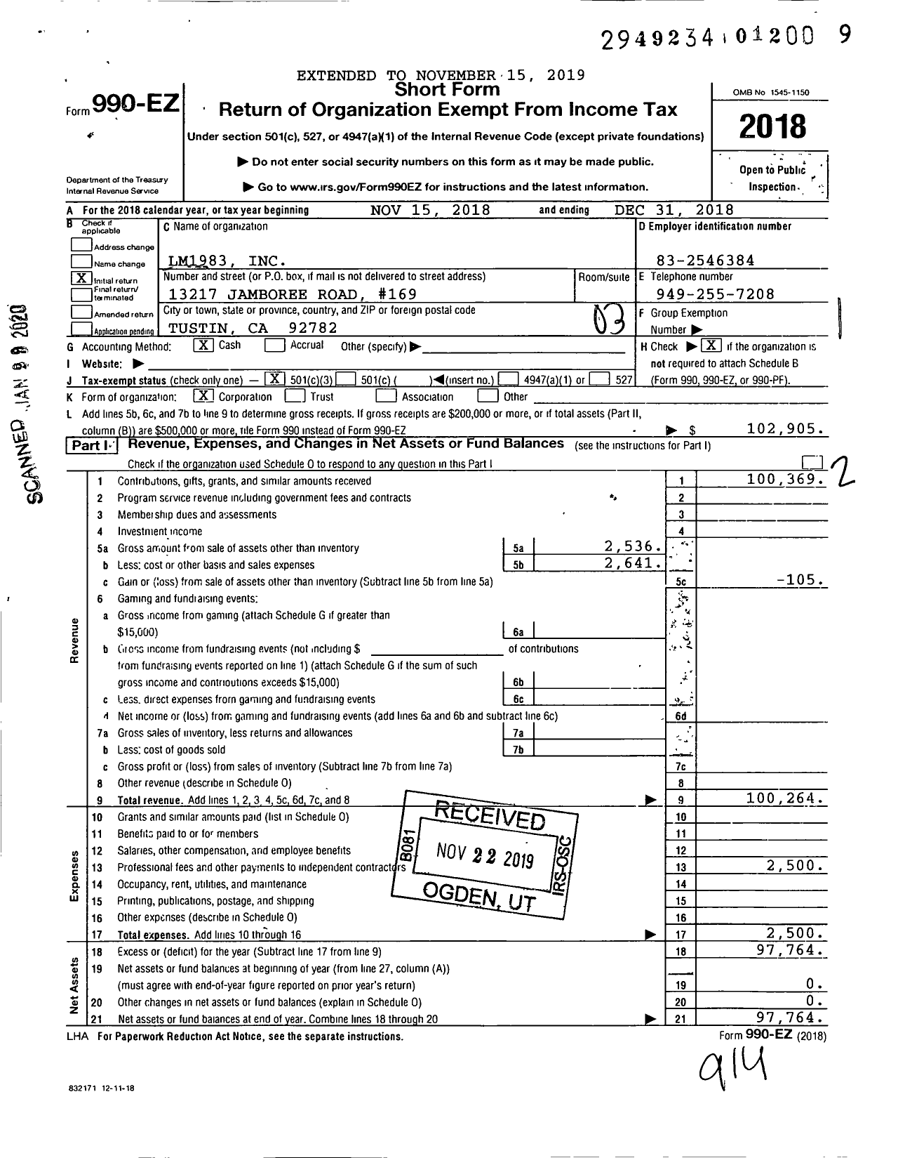 Image of first page of 2018 Form 990EZ for LM1983