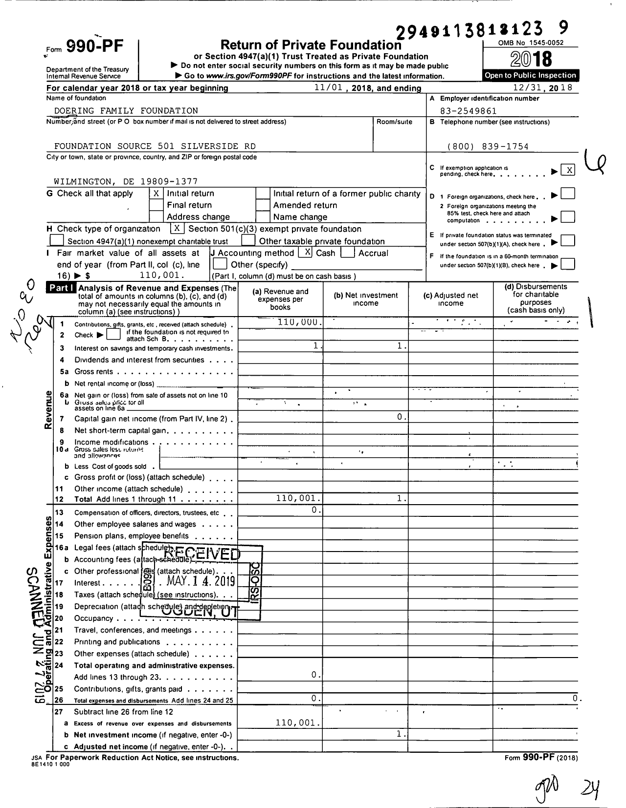 Image of first page of 2018 Form 990PF for Doering Family Foundation