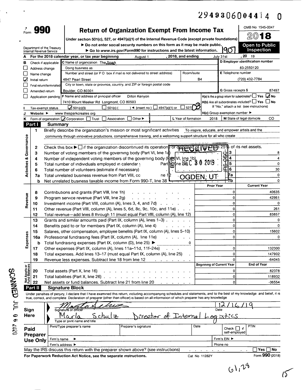 Image of first page of 2018 Form 990 for The Spark