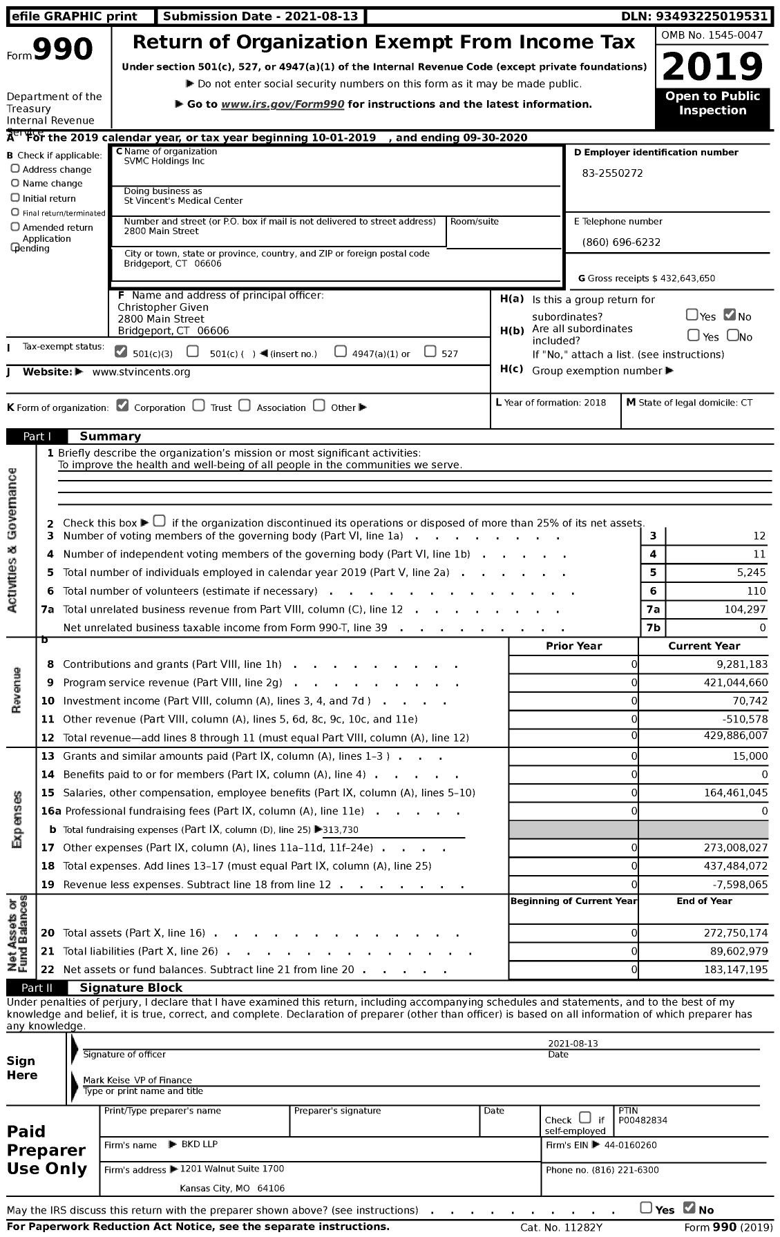 Image of first page of 2019 Form 990 for St Vincent's Medical Center / SVMC Holdings Inc