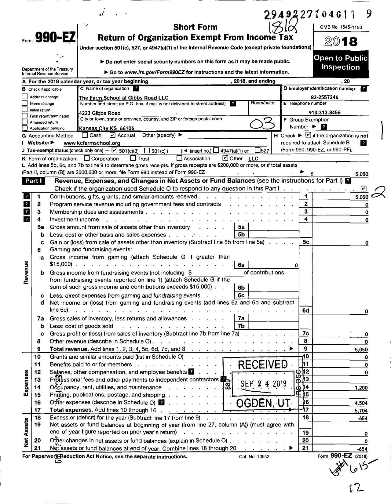 Image of first page of 2018 Form 990EZ for The Farm School at Gibbs Road LLC