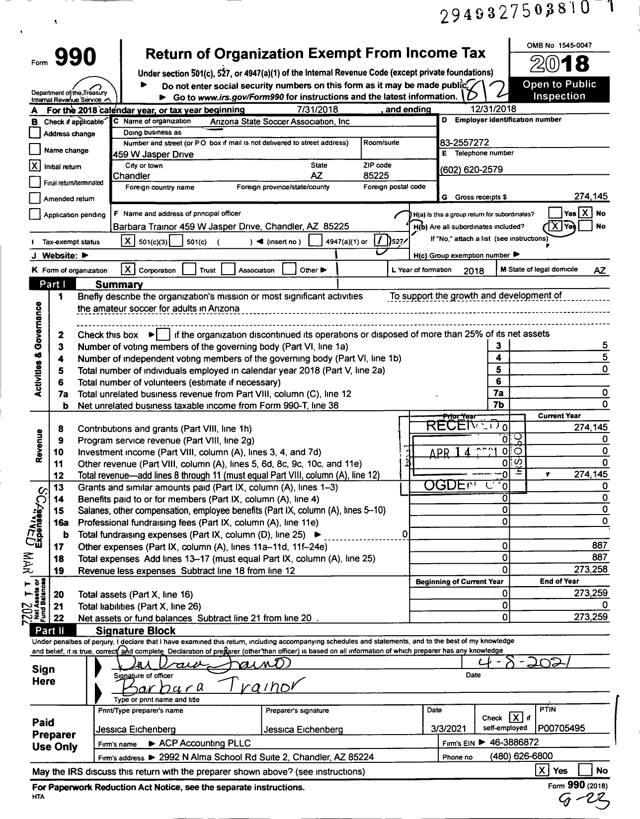 Image of first page of 2018 Form 990 for Arizona State Soccer Association