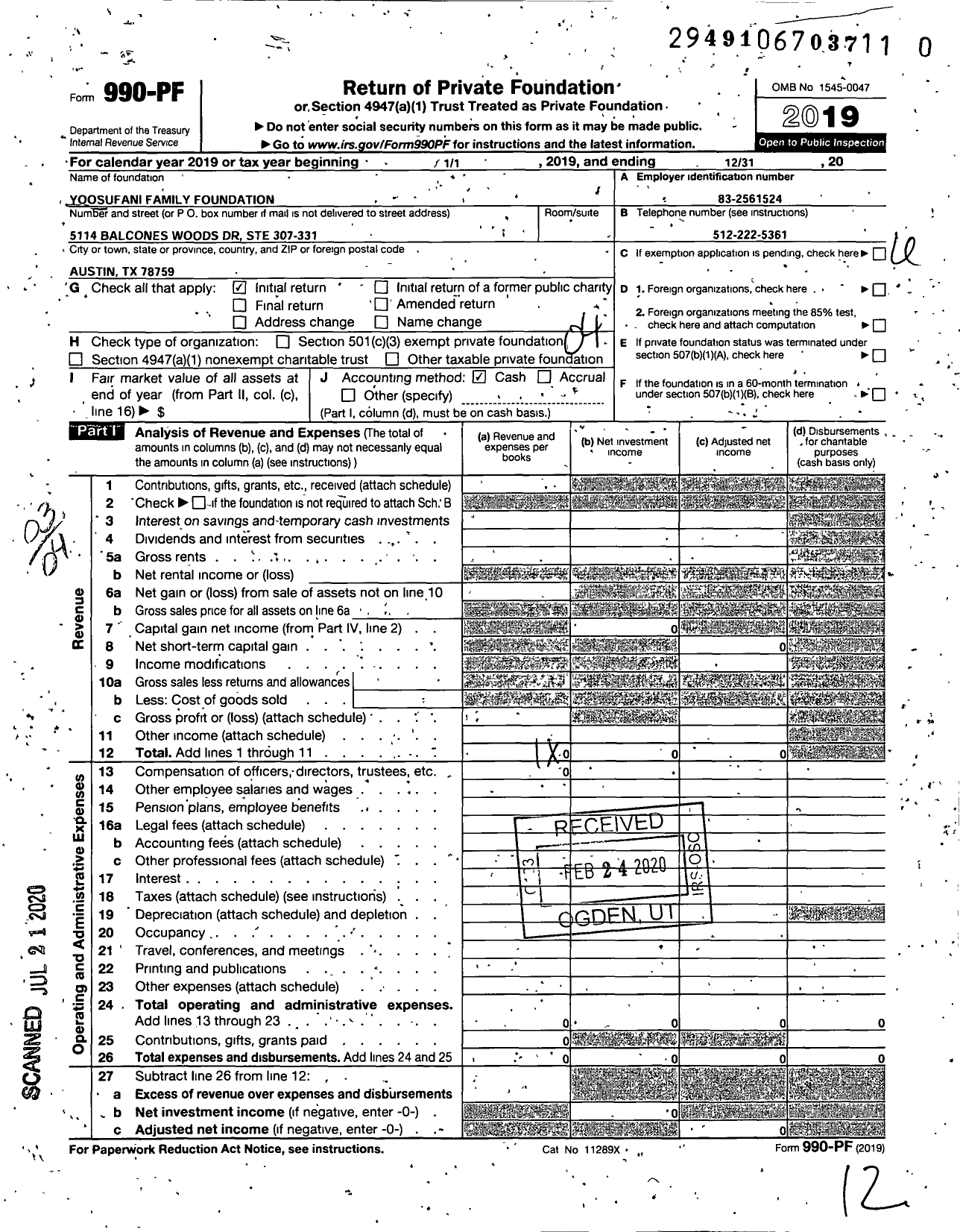 Image of first page of 2019 Form 990PR for Yoosufani Family Foundation