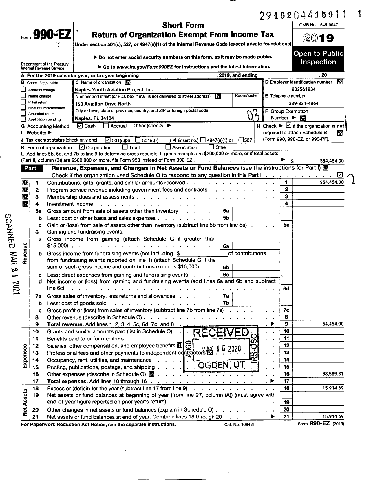 Image of first page of 2019 Form 990EZ for Naples Youth Aviation Project