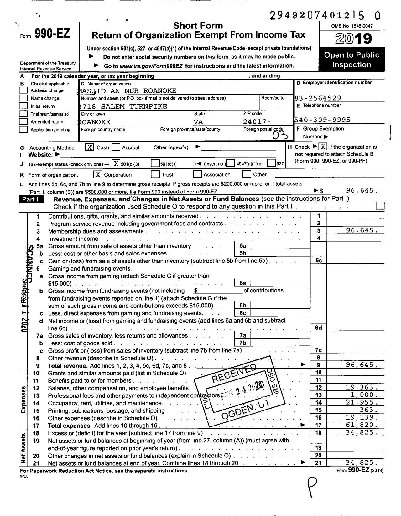 Image of first page of 2019 Form 990EZ for Masjid An Nur Roanoke