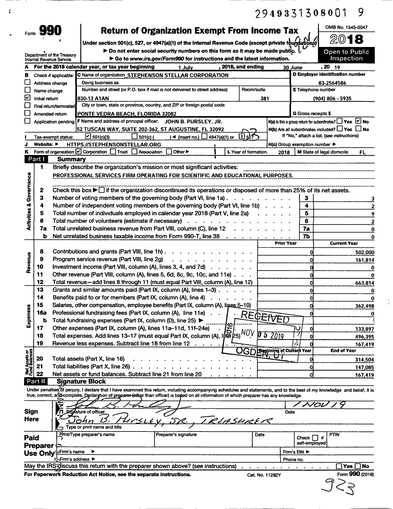 Image of first page of 2018 Form 990 for Stephenson Stellar Corporation