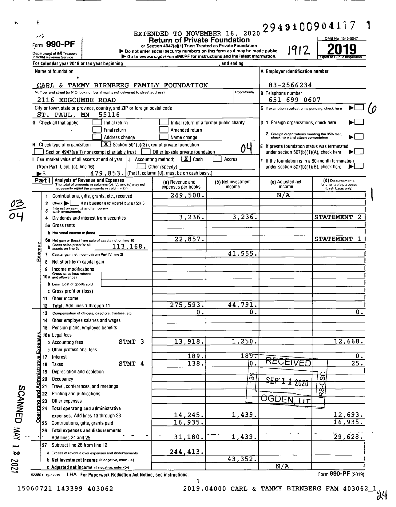 Image of first page of 2019 Form 990PF for Carl and Tammy Birnberg Family Foundation