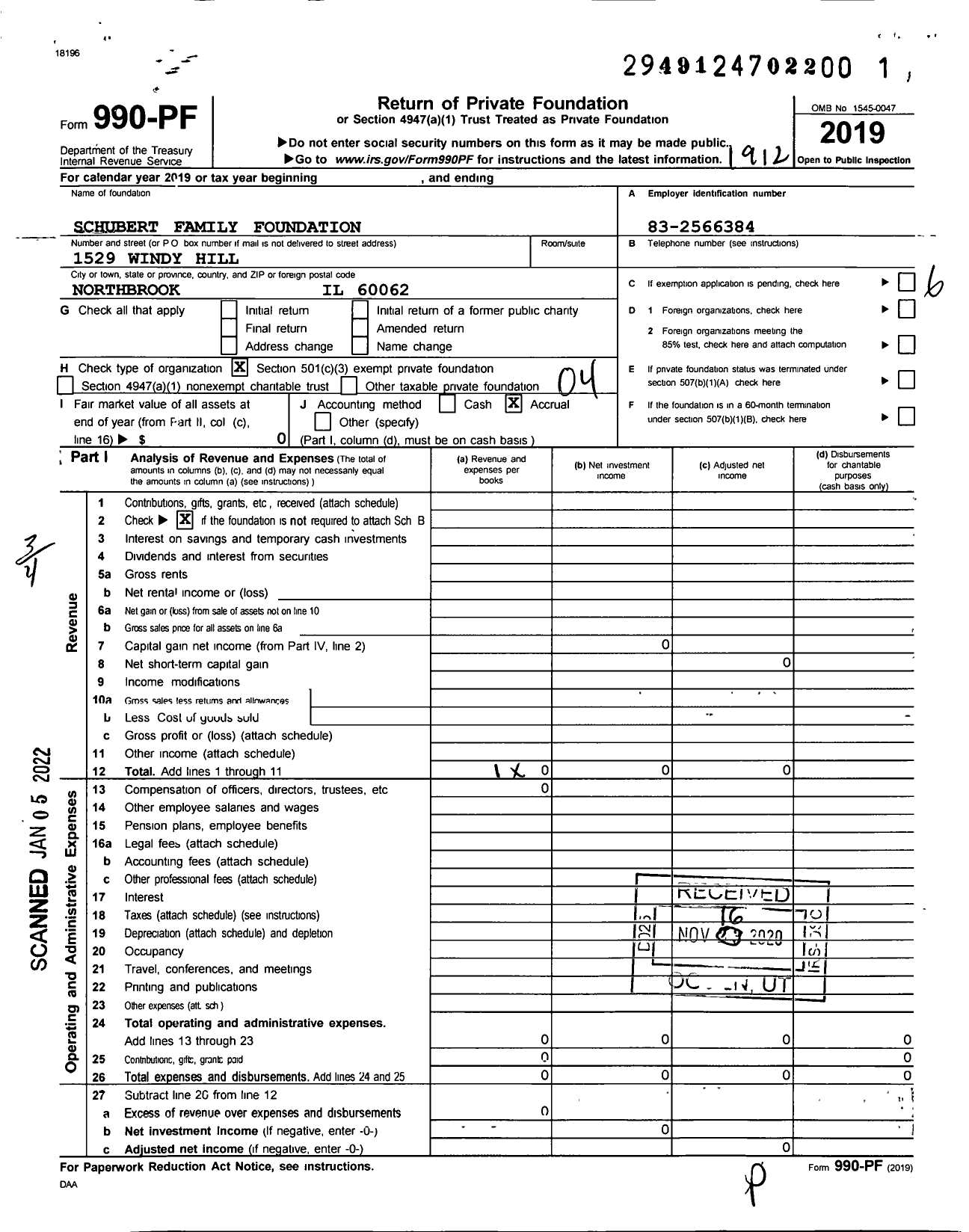 Image of first page of 2019 Form 990PF for Schubert Family Foundation