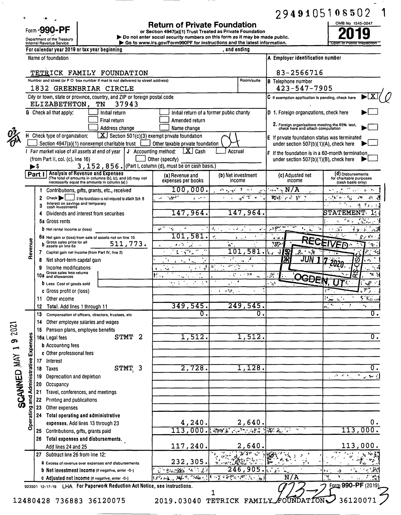 Image of first page of 2019 Form 990PF for Tetrick Family Foundation