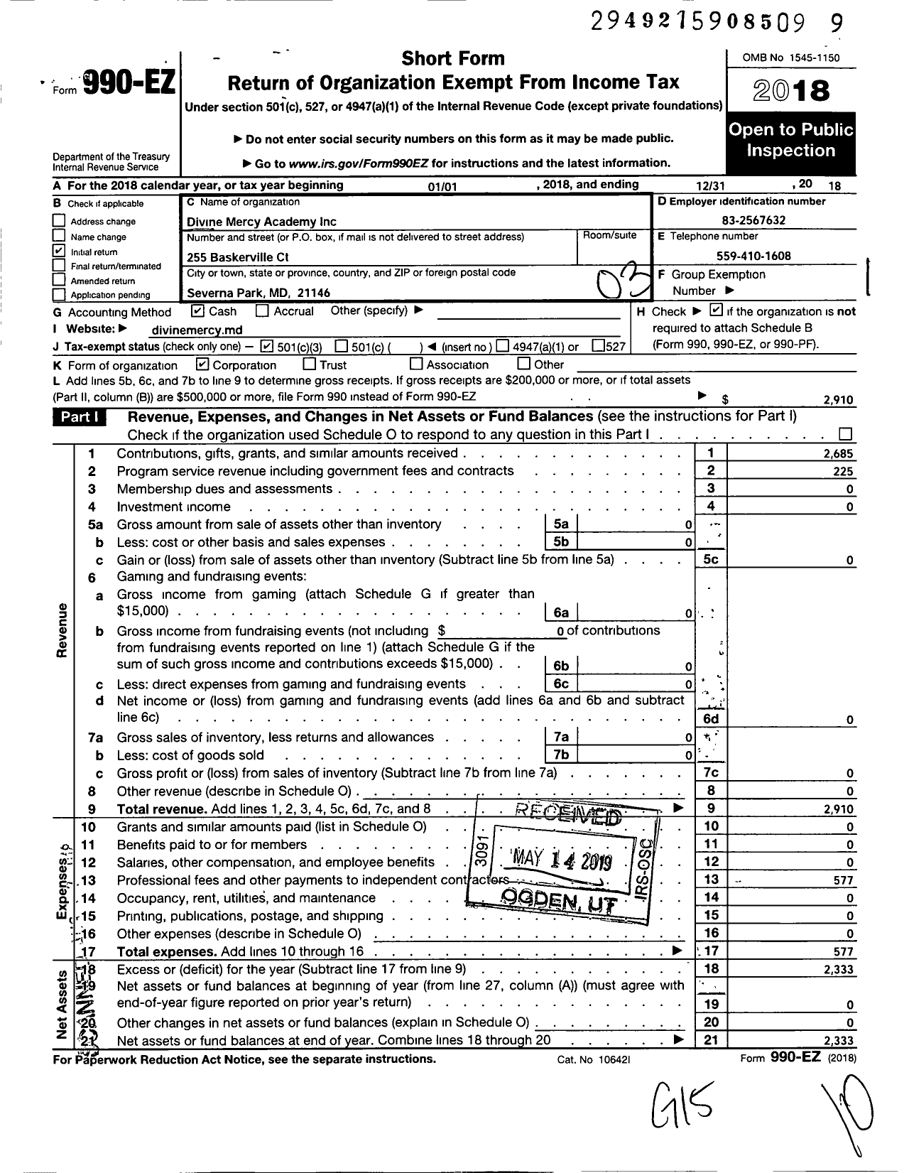 Image of first page of 2018 Form 990EZ for Divine Mercy Academy