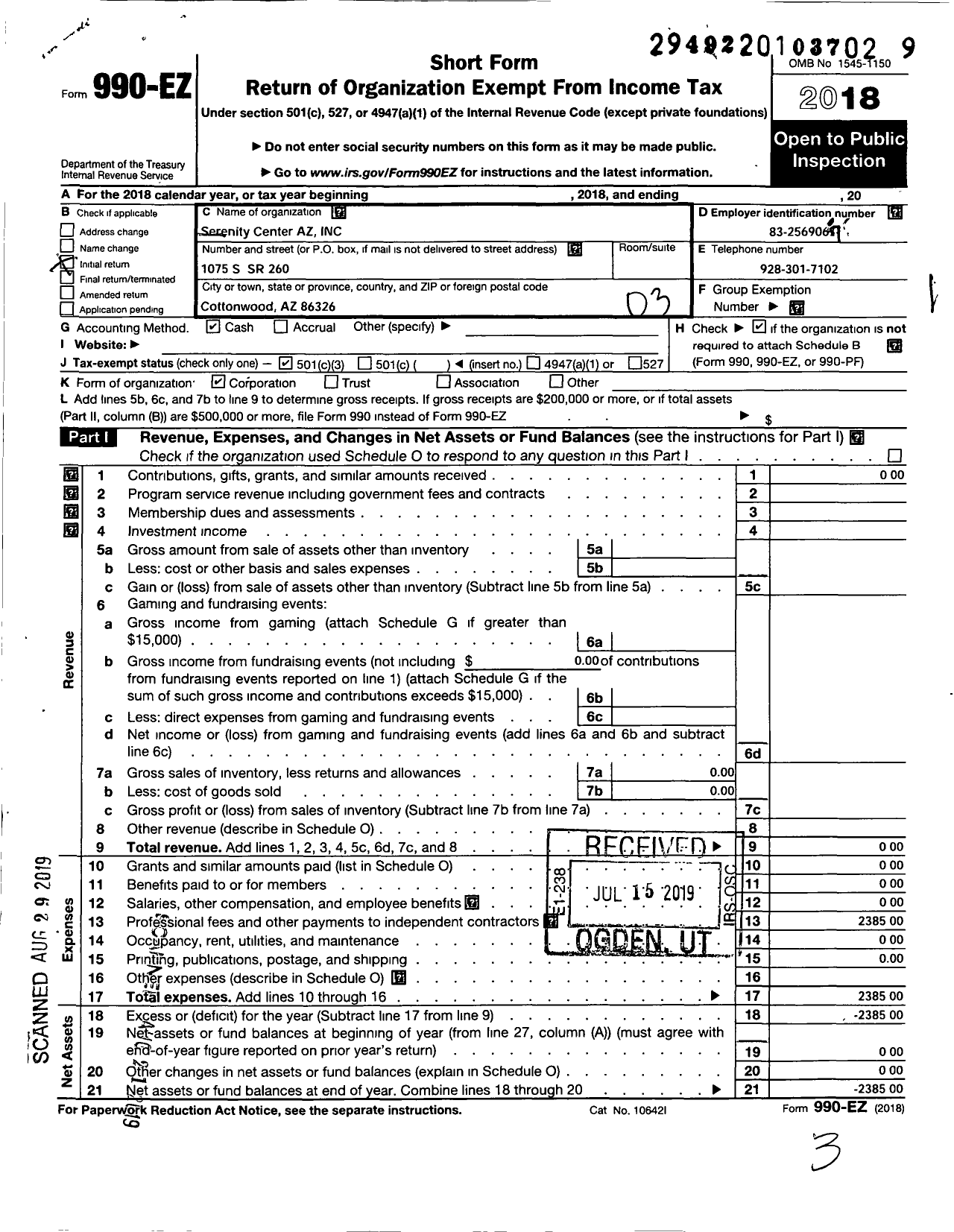 Image of first page of 2018 Form 990EZ for Serenity Center Az