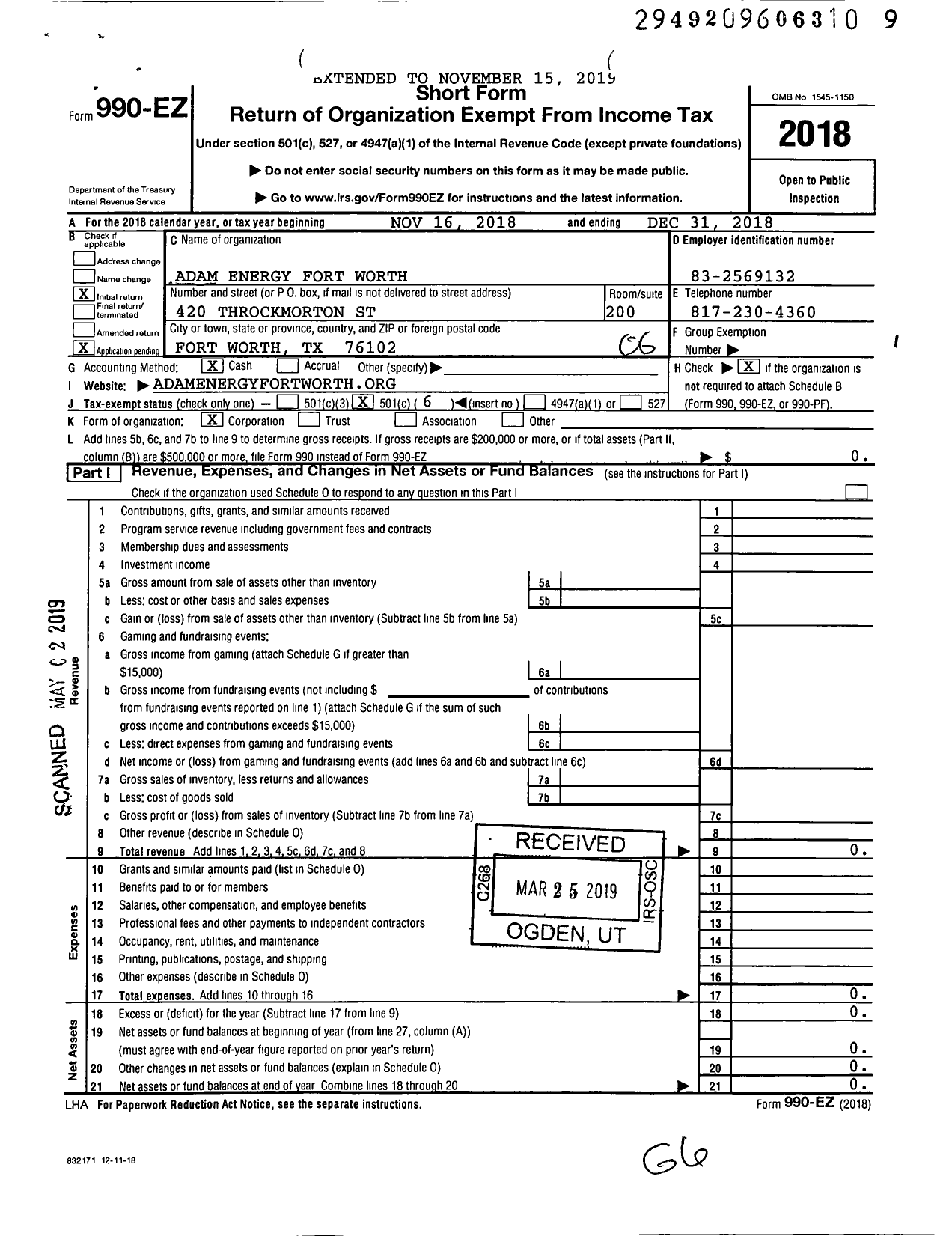 Image of first page of 2018 Form 990EO for Adam Energy Fort Worth