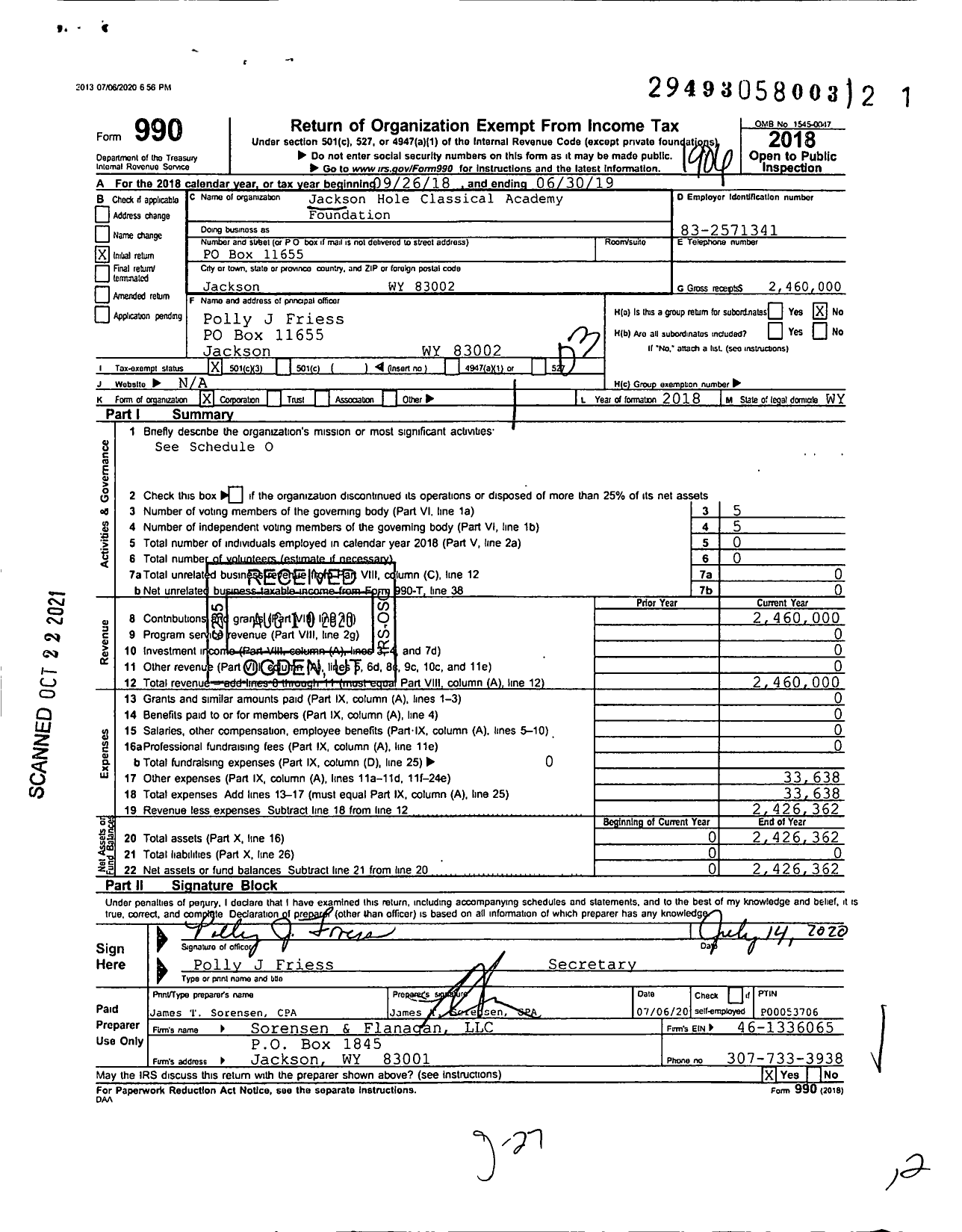 Image of first page of 2018 Form 990 for Jackson Hole Classical Academy Foundation