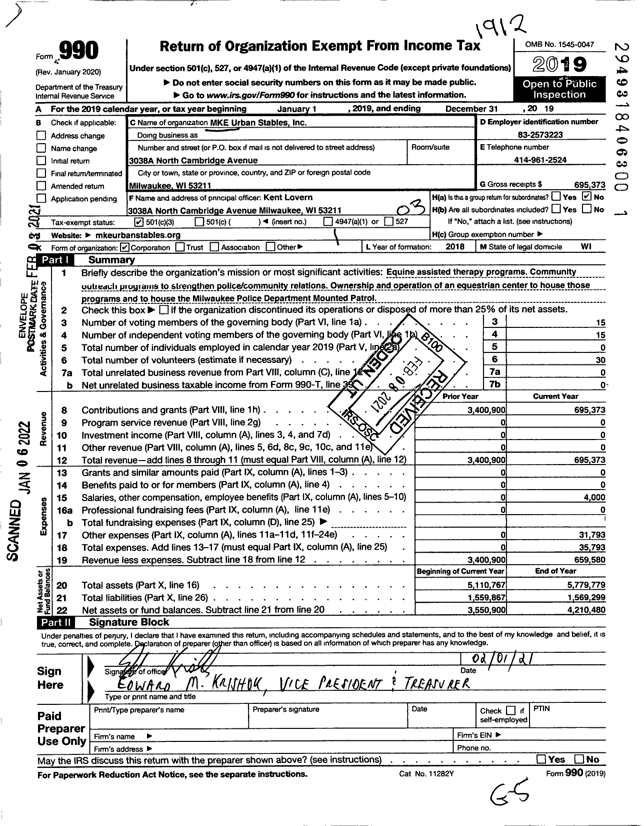 Image of first page of 2019 Form 990 for MKE Urban Stables