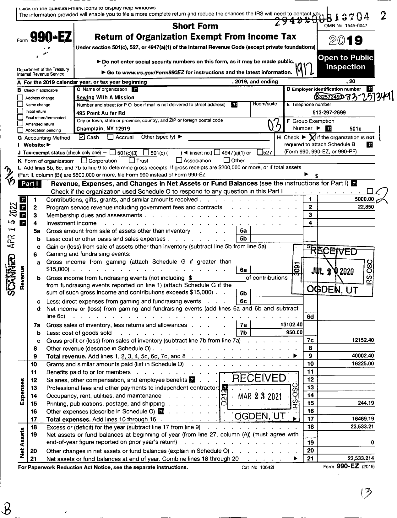 Image of first page of 2019 Form 990EZ for Sewing with A Mission